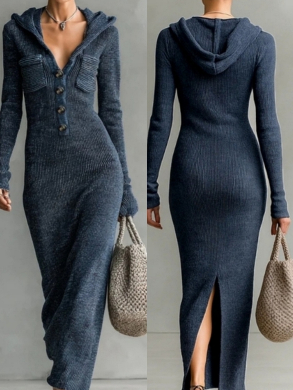 NWT Modesees Hooded Knit Maxi Dress XS Slim Fit Button Front Bodycon Cozy Chic